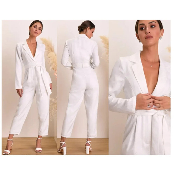 New! Lulus Upscale Romantic White Floral Jacquard Collared Jumpsuit 33221 - Picture 1 of 11